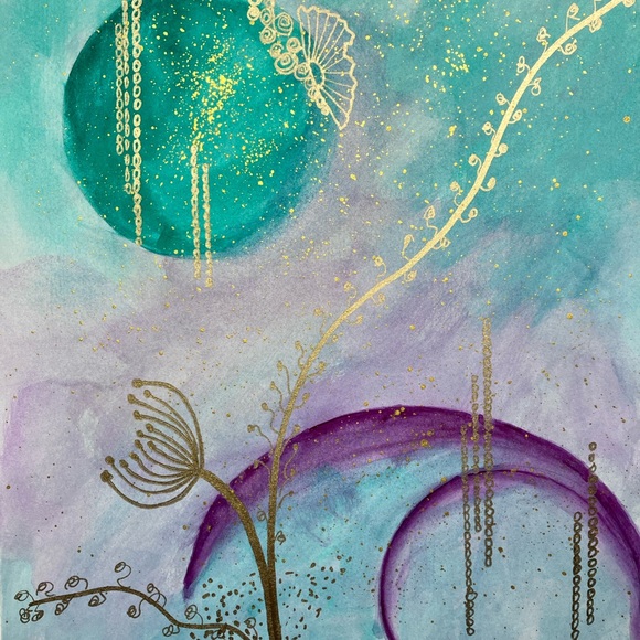 Abstract Original Watercolor Gold Leaf Floral Green & Purple Painting, 9x12 - Picture 12 of 12